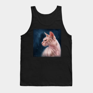 Contemporary Painting of a Hairless Pink Sphynx Cat on Dark Blue Background Tank Top